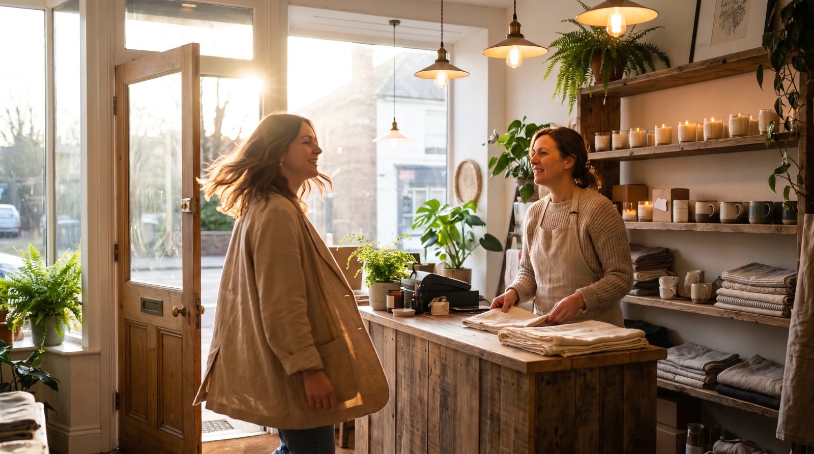 A shop owner smiling from behind a wooden counter as a customer walks in through the open door of a sunlit home goods store