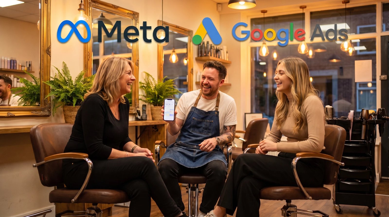 A stylist holding up a phone with a booking calendar as two clients laugh in a warm hair salon, with the Meta and Google Ads logos above them